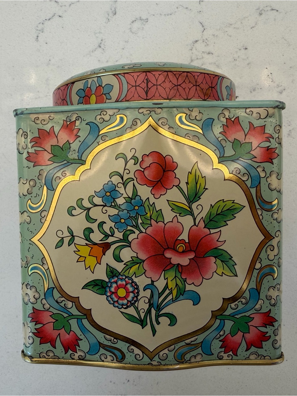 Vintage Daher Decorative Floral Metal Tea Tin in Mint Green with Gold Accents
